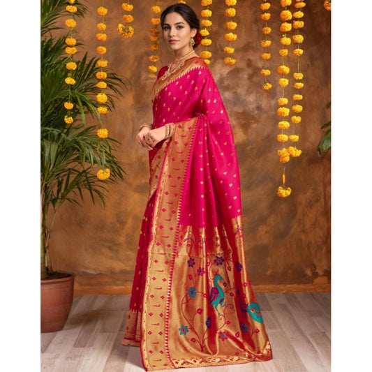 Women's Silk Blend Zari Weaving Saree With Unstitched Blouse 5.5Mtr (Pink)
