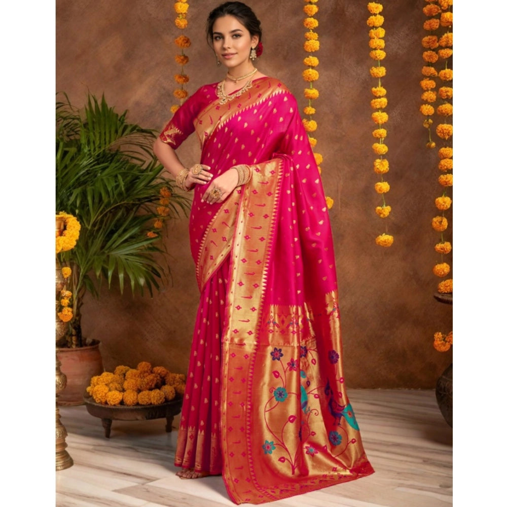 Women's Silk Blend Zari Weaving Saree With Unstitched Blouse 5.5Mtr (Pink)