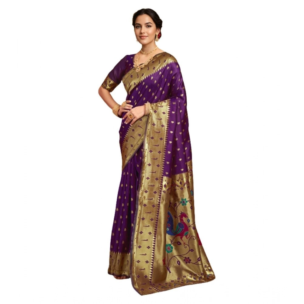 Women's Silk Blend Zari Weaving Saree With Unstitched Blouse 5.5Mtr (Purple)