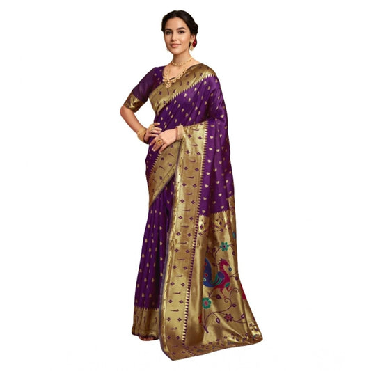 Women's Silk Blend Zari Weaving Saree With Unstitched Blouse 5.5Mtr (Purple)