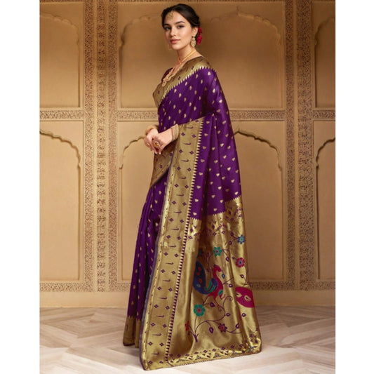 Women's Silk Blend Zari Weaving Saree With Unstitched Blouse 5.5Mtr (Purple)