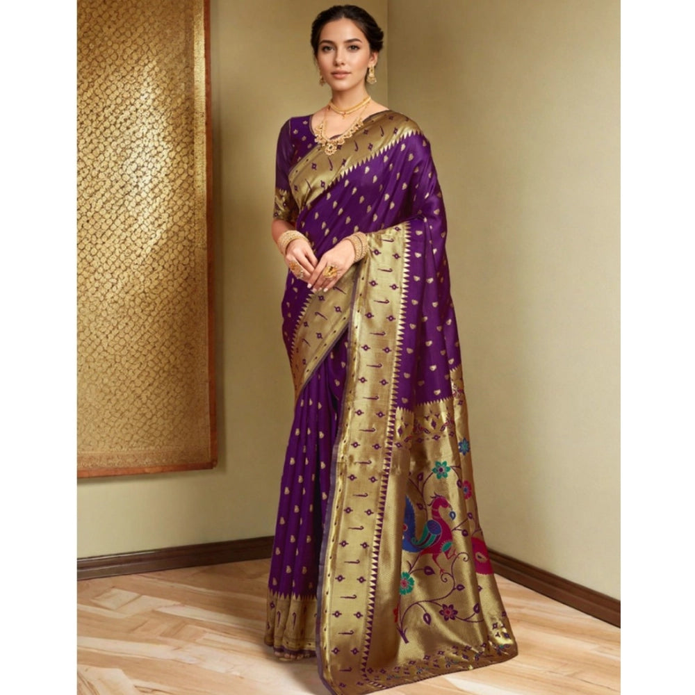 Women's Silk Blend Zari Weaving Saree With Unstitched Blouse 5.5Mtr (Purple)