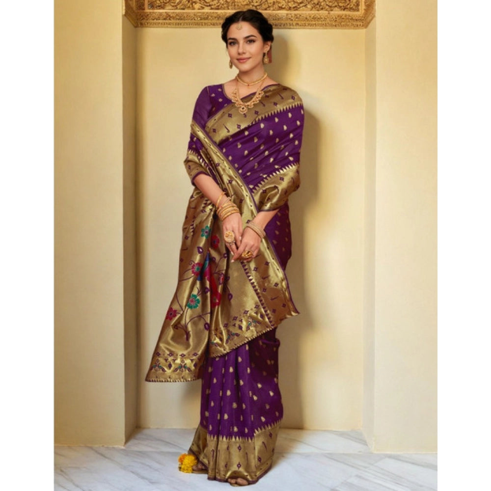 Women's Silk Blend Zari Weaving Saree With Unstitched Blouse 5.5Mtr (Purple)