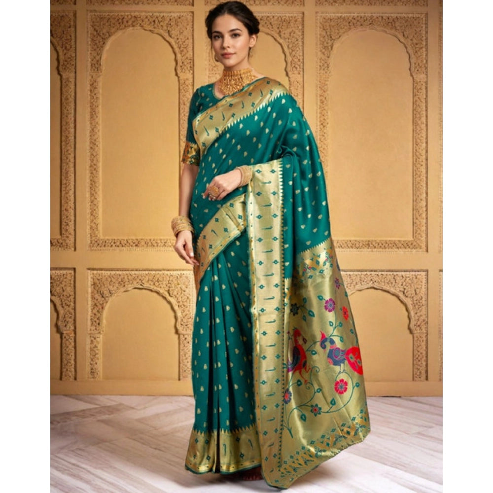 Women's Silk Blend Zari Weaving Saree With Unstitched Blouse 5.5Mtr (Rama)