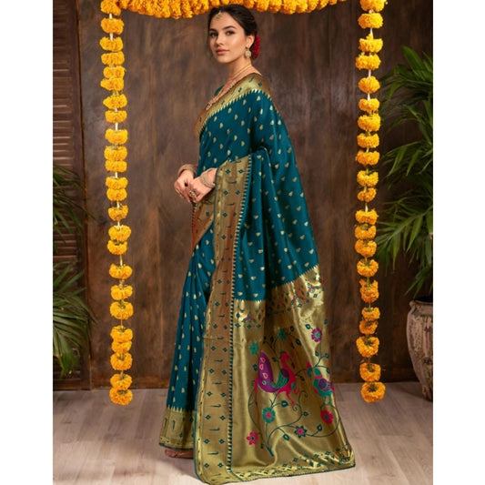 Women's Silk Blend Zari Weaving Saree With Unstitched Blouse 5.5Mtr (Teal)