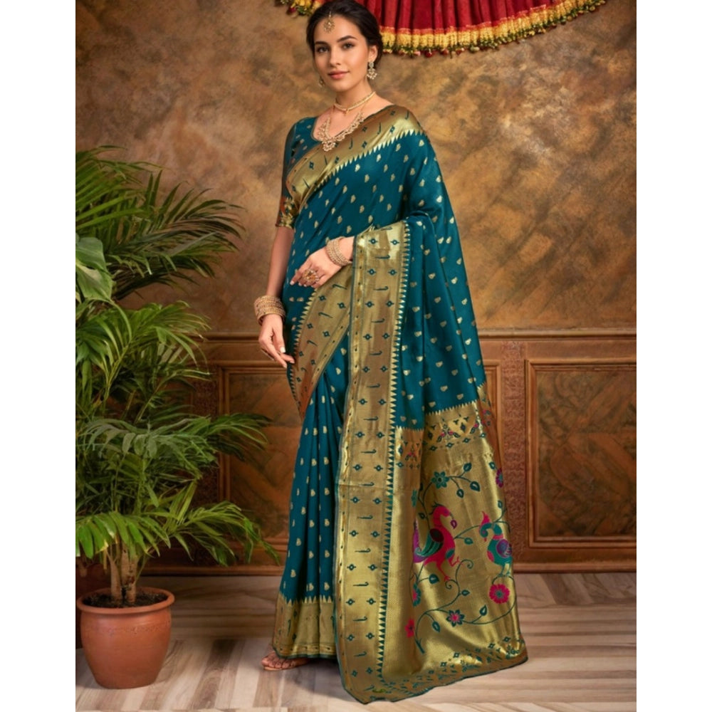 Women's Silk Blend Zari Weaving Saree With Unstitched Blouse 5.5Mtr (Teal)