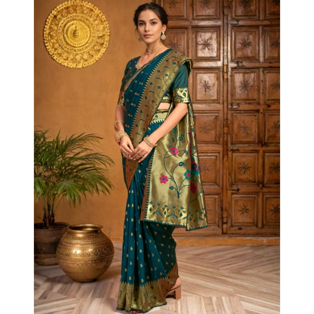 Women's Silk Blend Zari Weaving Saree With Unstitched Blouse 5.5Mtr (Teal)