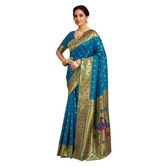 Women's Silk Blend Zari Weaving Saree With Unstitched Blouse 5.5Mtr (Turquoise)