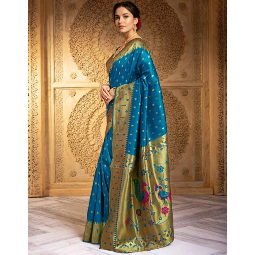 Women's Silk Blend Zari Weaving Saree With Unstitched Blouse 5.5Mtr (Turquoise)