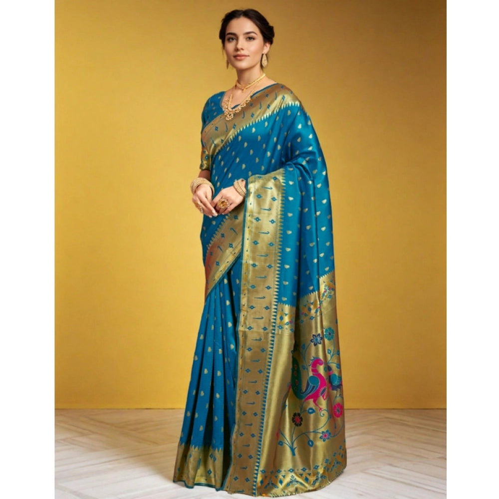 Women's Silk Blend Zari Weaving Saree With Unstitched Blouse 5.5Mtr (Turquoise)