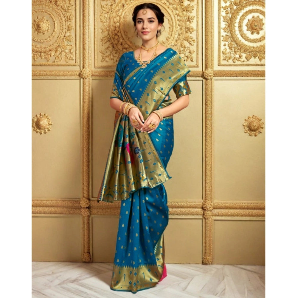 Women's Silk Blend Zari Weaving Saree With Unstitched Blouse 5.5Mtr (Turquoise)