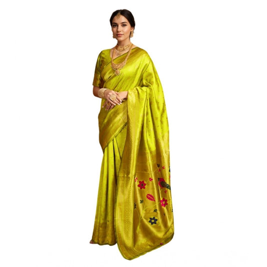 Women's Silk Blend Zari Weaving Saree With Unstitched Blouse 5.5Mtr (Lime-Green)