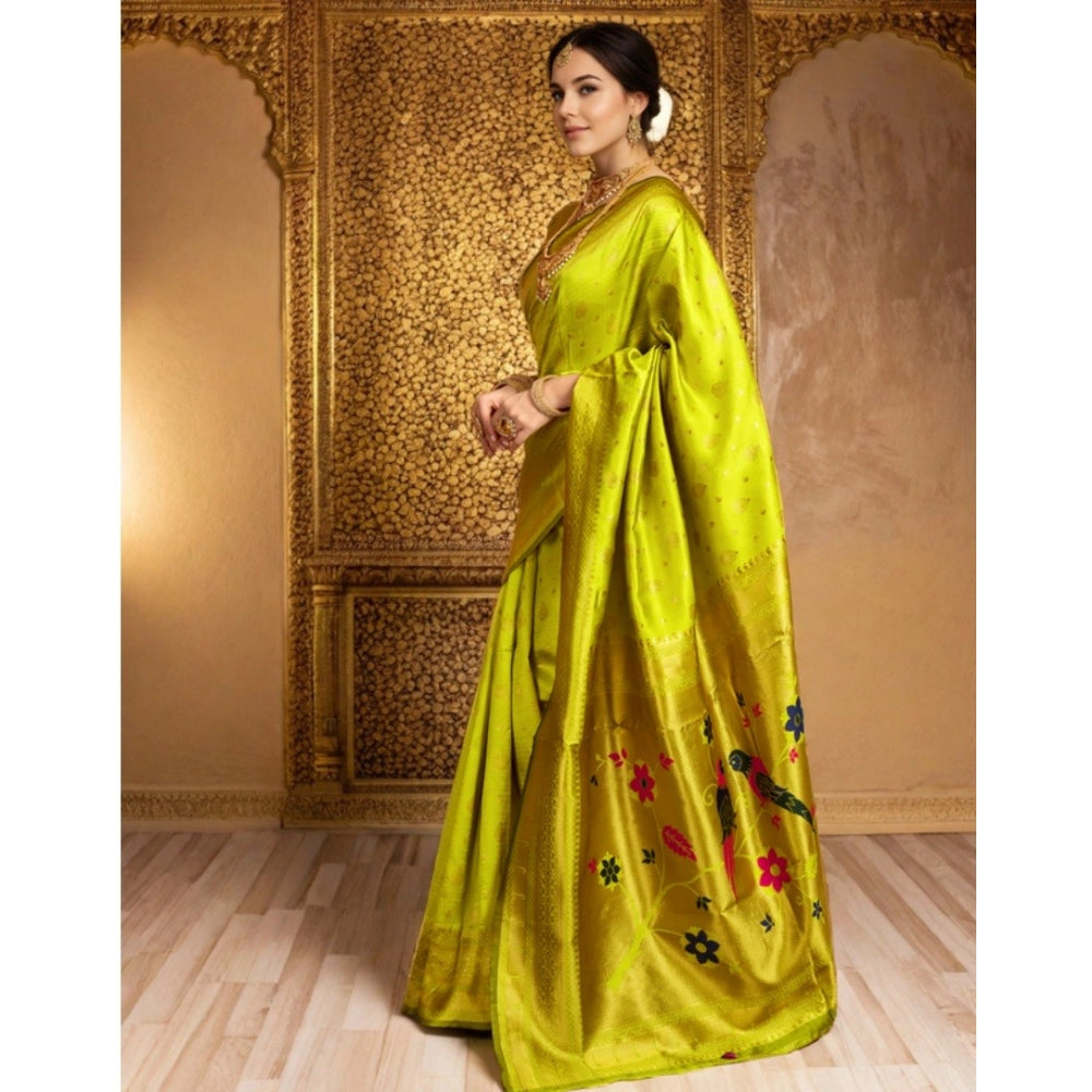 Women's Silk Blend Zari Weaving Saree With Unstitched Blouse 5.5Mtr (Lime-Green)