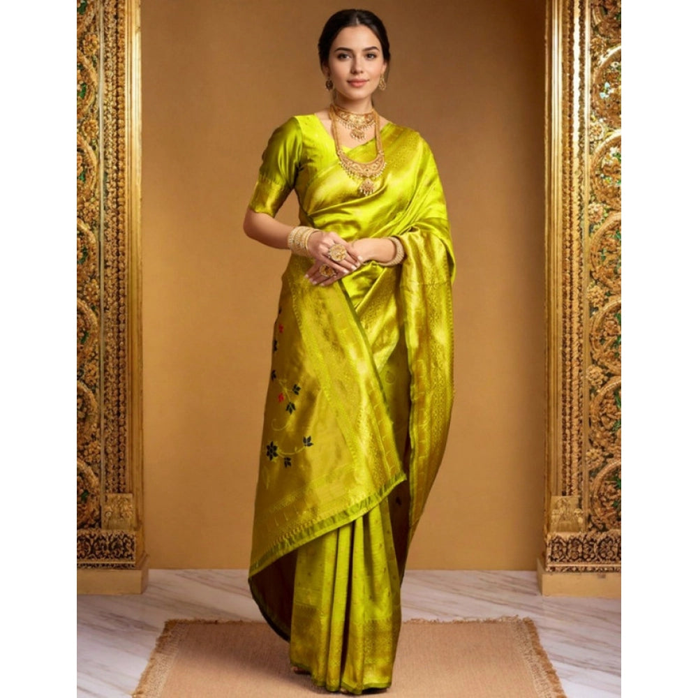 Women's Silk Blend Zari Weaving Saree With Unstitched Blouse 5.5Mtr (Lime-Green)