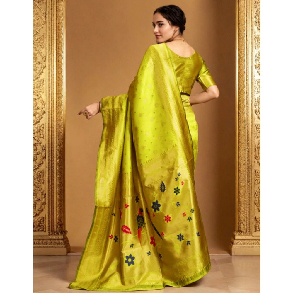 Women's Silk Blend Zari Weaving Saree With Unstitched Blouse 5.5Mtr (Lime-Green)