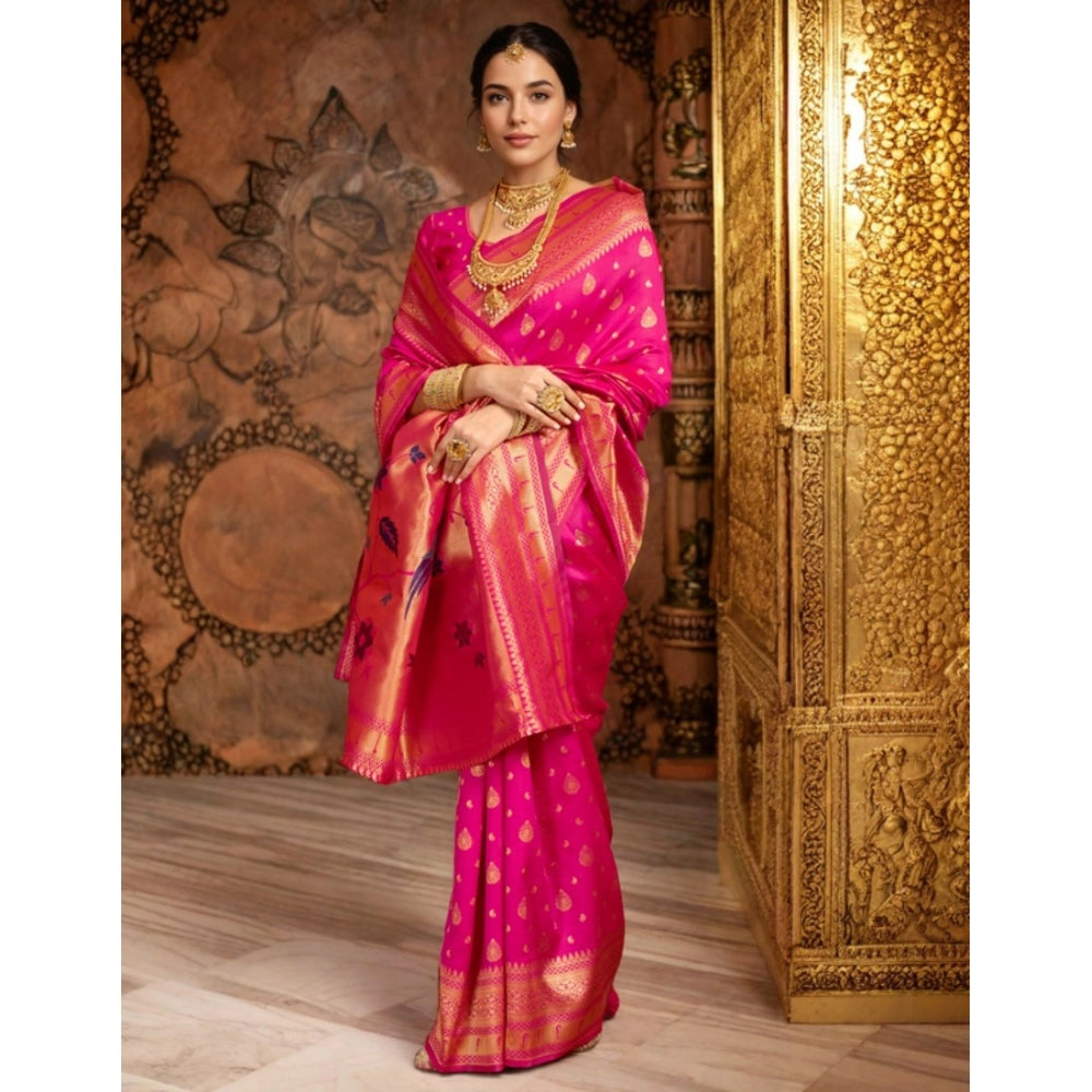 Women's Silk Blend Zari Weaving Saree With Unstitched Blouse 5.5Mtr (Pink)