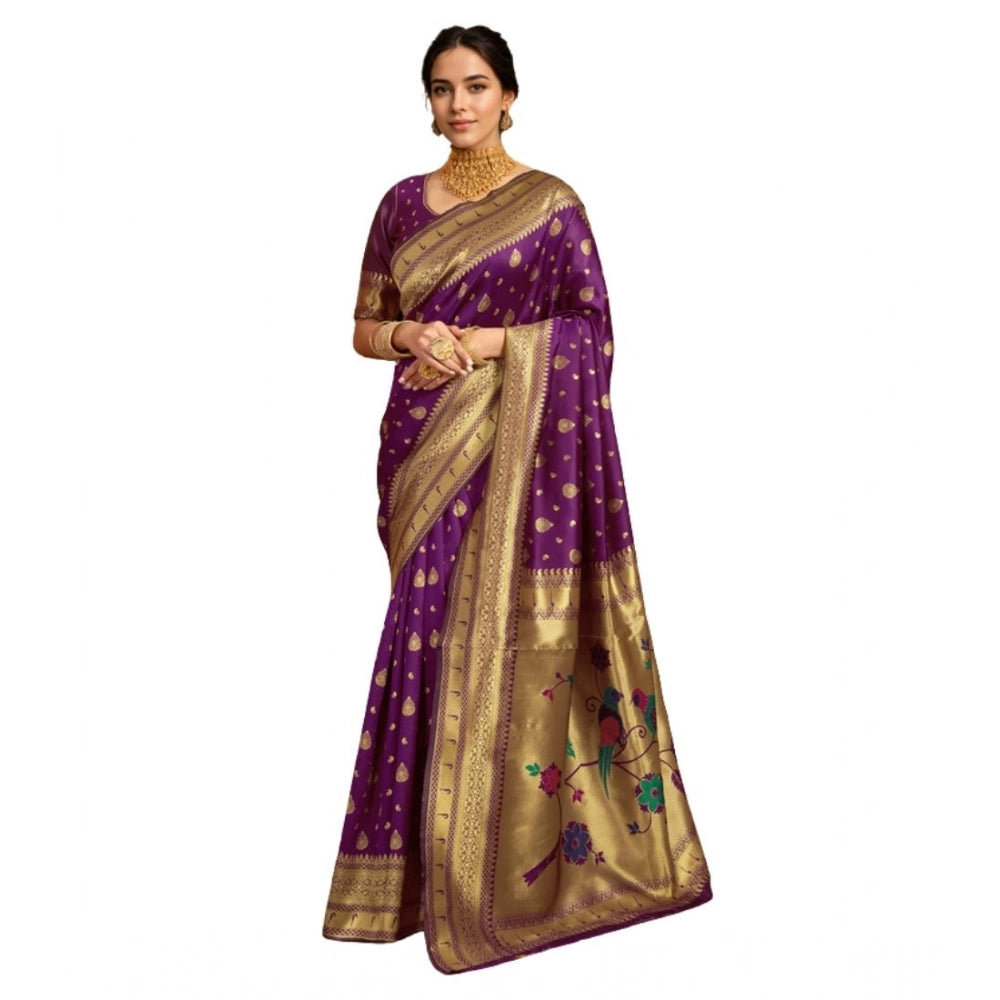 Women's Silk Blend Zari Weaving Saree With Unstitched Blouse 5.5Mtr (Purple)