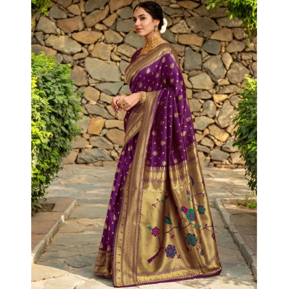 Women's Silk Blend Zari Weaving Saree With Unstitched Blouse 5.5Mtr (Purple)