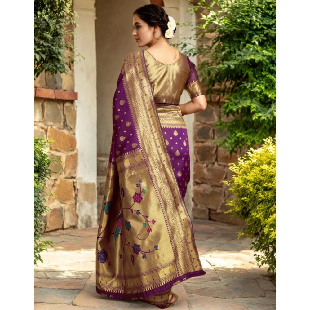 Women's Silk Blend Zari Weaving Saree With Unstitched Blouse 5.5Mtr (Purple)