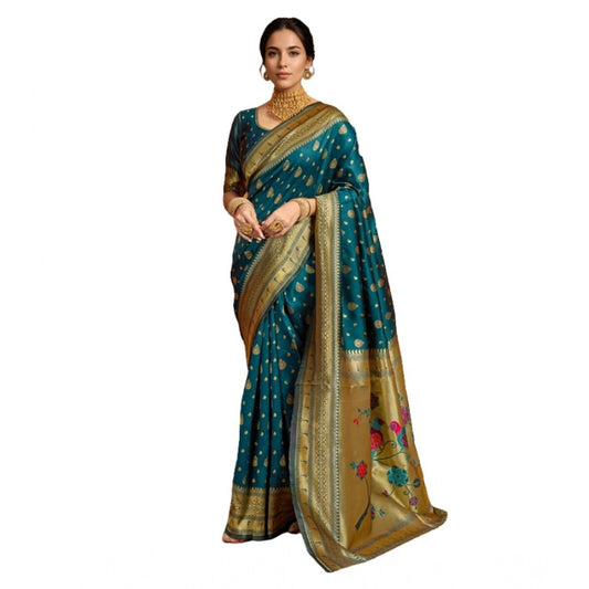 Women's Silk Blend Zari Weaving Saree With Unstitched Blouse 5.5Mtr (Teal)