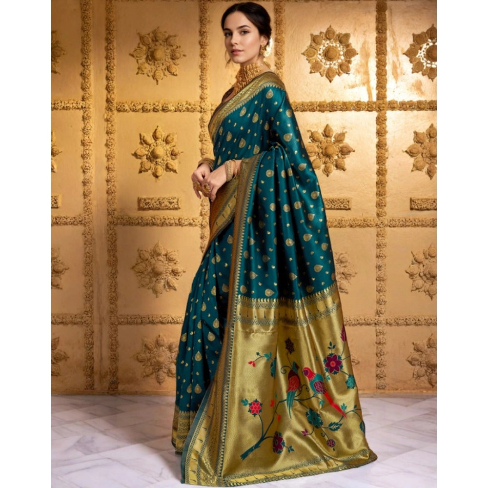 Women's Silk Blend Zari Weaving Saree With Unstitched Blouse 5.5Mtr (Teal)
