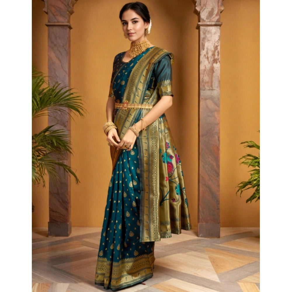 Women's Silk Blend Zari Weaving Saree With Unstitched Blouse 5.5Mtr (Teal)