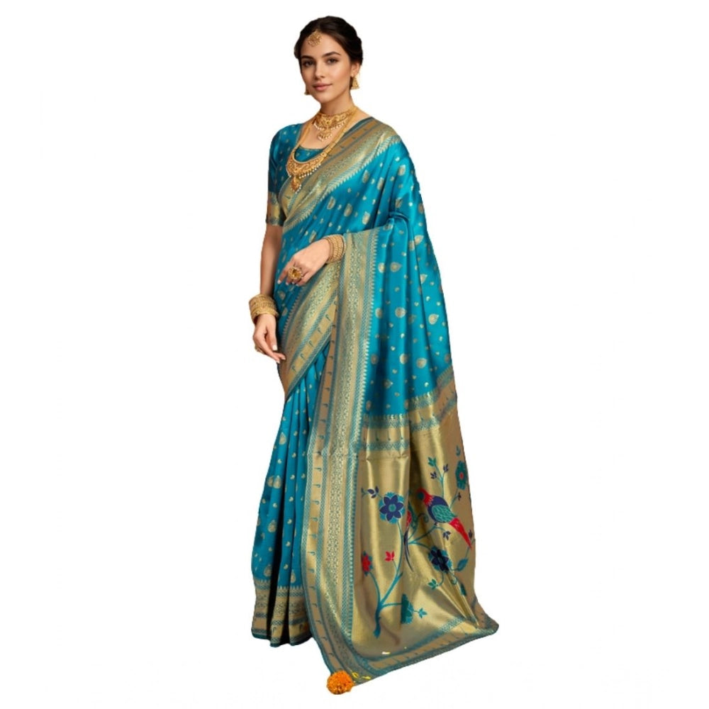 Women's Silk Blend Zari Weaving Saree With Unstitched Blouse 5.5Mtr (Turquoise)