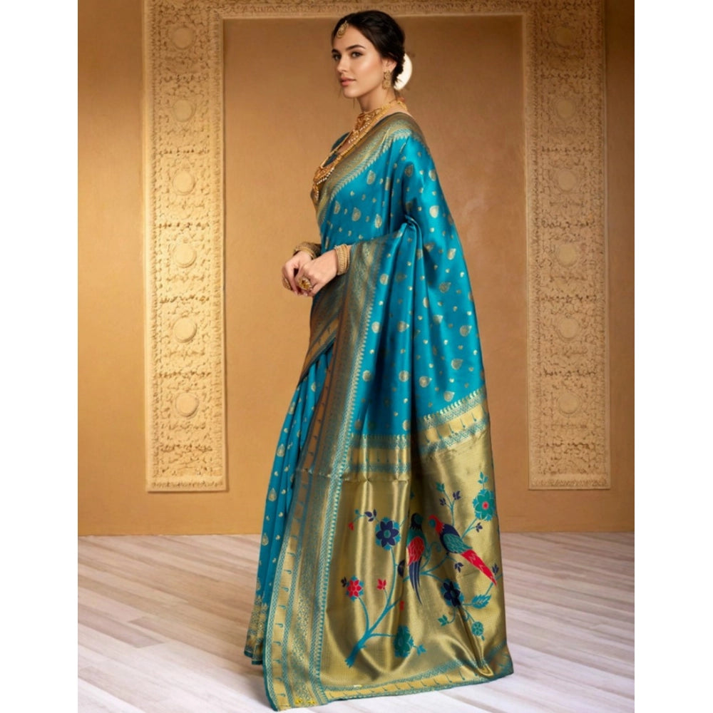 Women's Silk Blend Zari Weaving Saree With Unstitched Blouse 5.5Mtr (Turquoise)