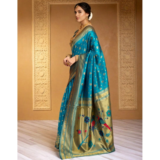 Women's Silk Blend Zari Weaving Saree With Unstitched Blouse 5.5Mtr (Turquoise)