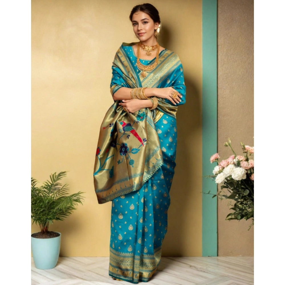 Women's Silk Blend Zari Weaving Saree With Unstitched Blouse 5.5Mtr (Turquoise)