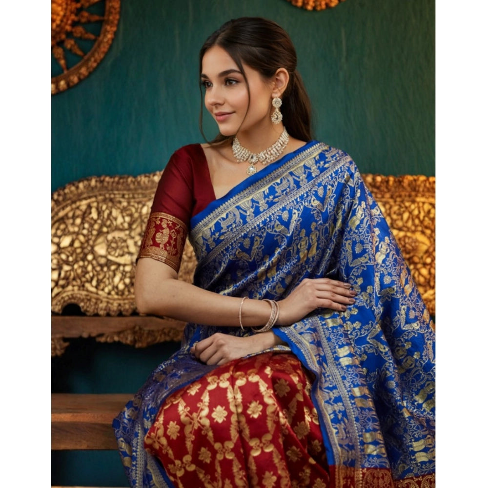 Women's Silk Blend Zari Weaving Saree With Unstitched Blouse 5.5Mtr (Blue)