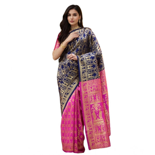 Women's Silk Blend Zari Weaving Saree With Unstitched Blouse 5.5Mtr (Navy)