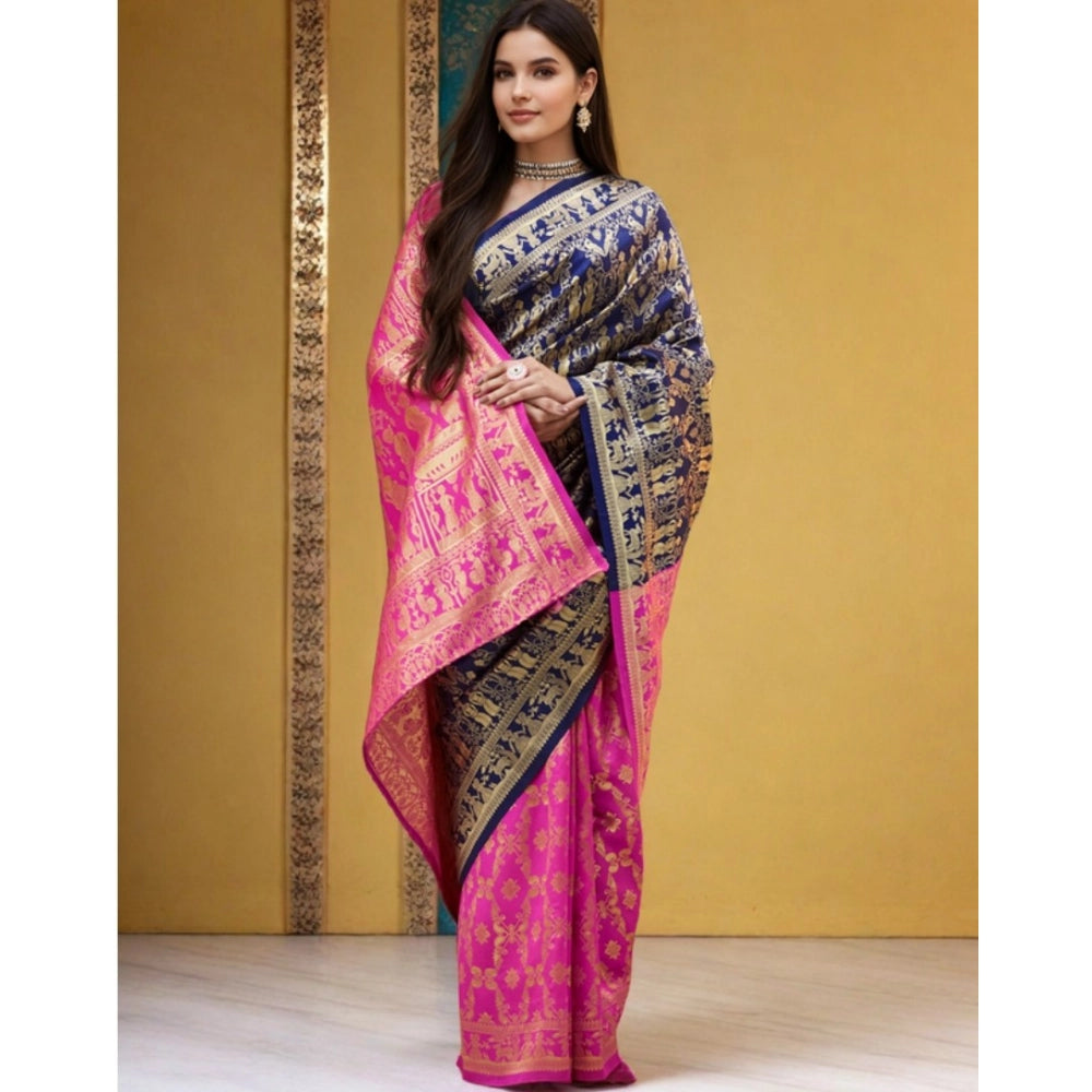 Women's Silk Blend Zari Weaving Saree With Unstitched Blouse 5.5Mtr (Navy)