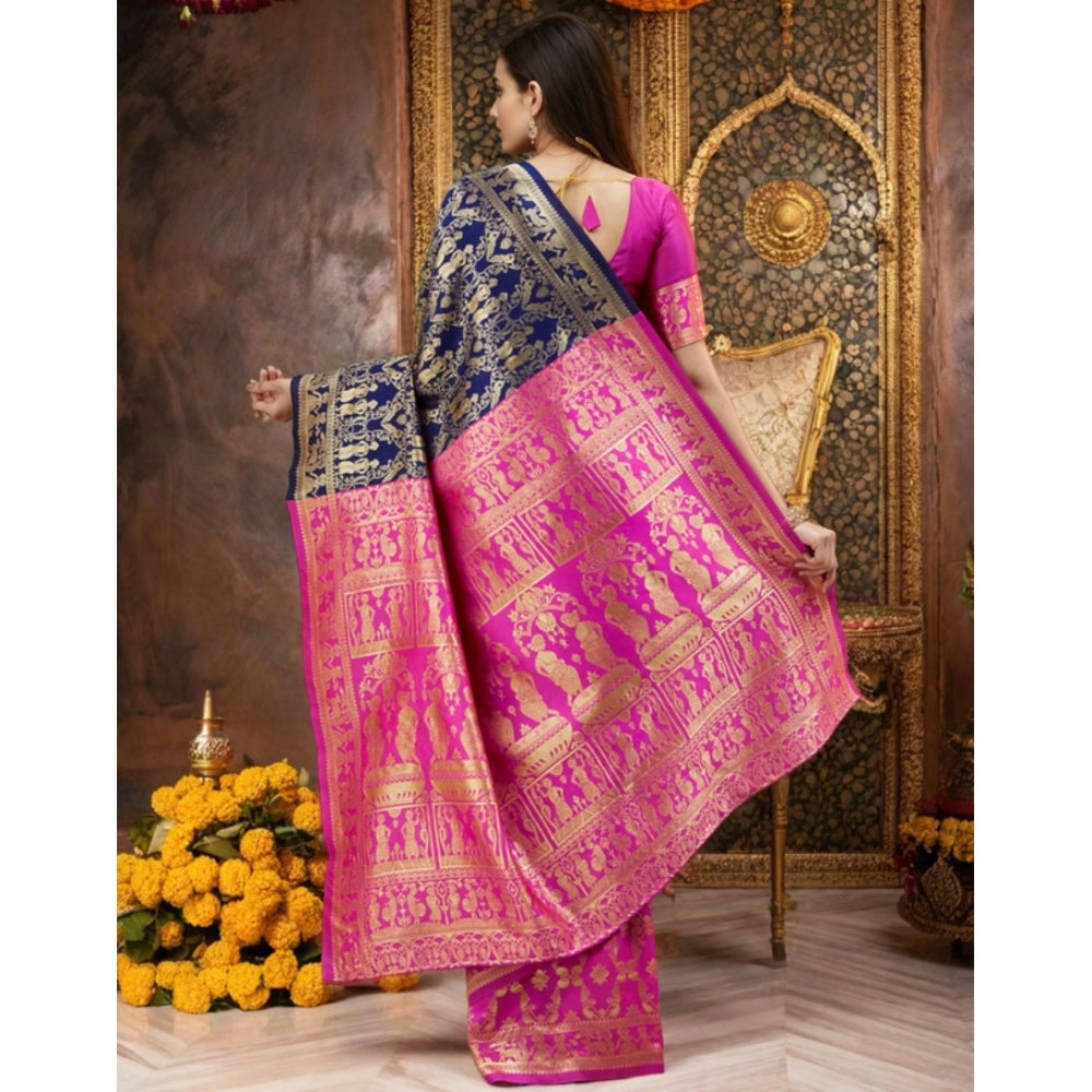 Women's Silk Blend Zari Weaving Saree With Unstitched Blouse 5.5Mtr (Navy)
