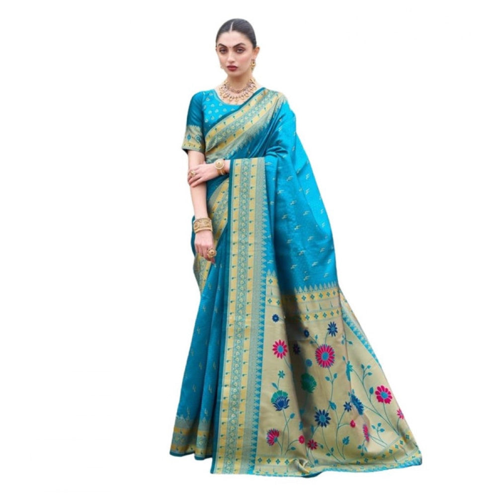 Women's Silk Blend Paithani Weaving Saree With Unstitched Blouse 5.5Mtr (Aqua)