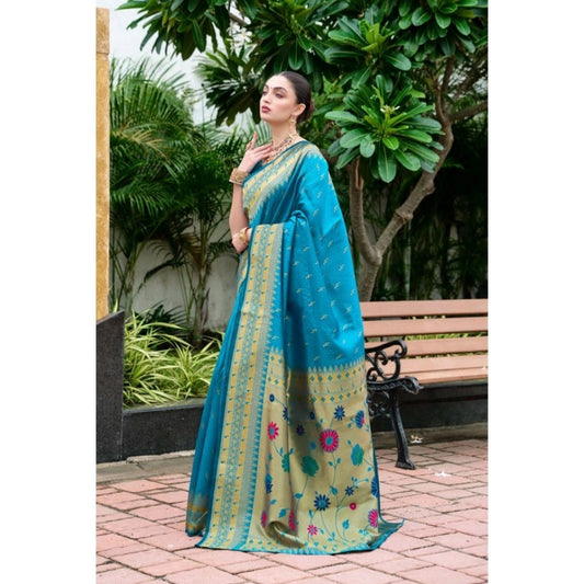 Women's Silk Blend Paithani Weaving Saree With Unstitched Blouse 5.5Mtr (Aqua)