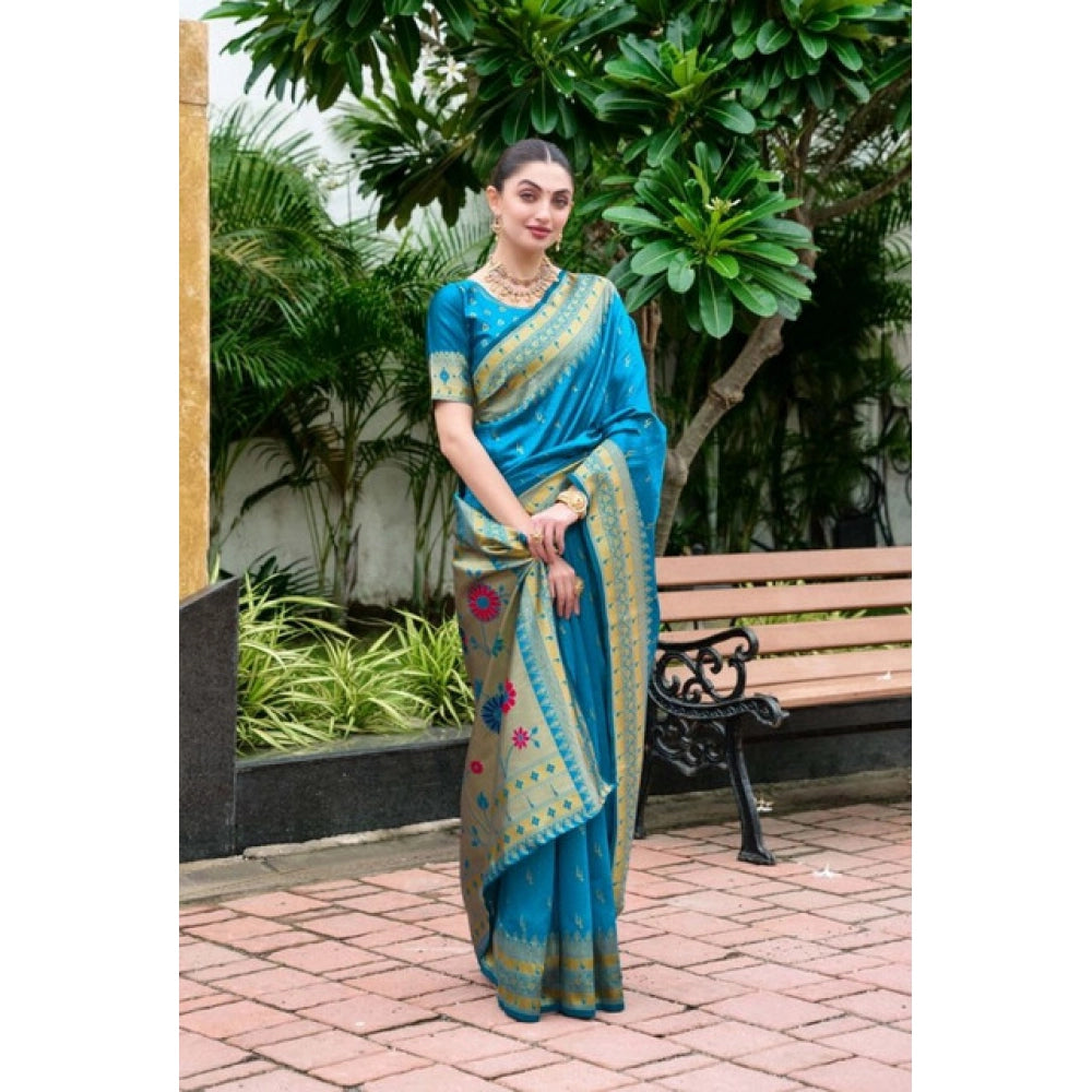 Women's Silk Blend Paithani Weaving Saree With Unstitched Blouse 5.5Mtr (Aqua)