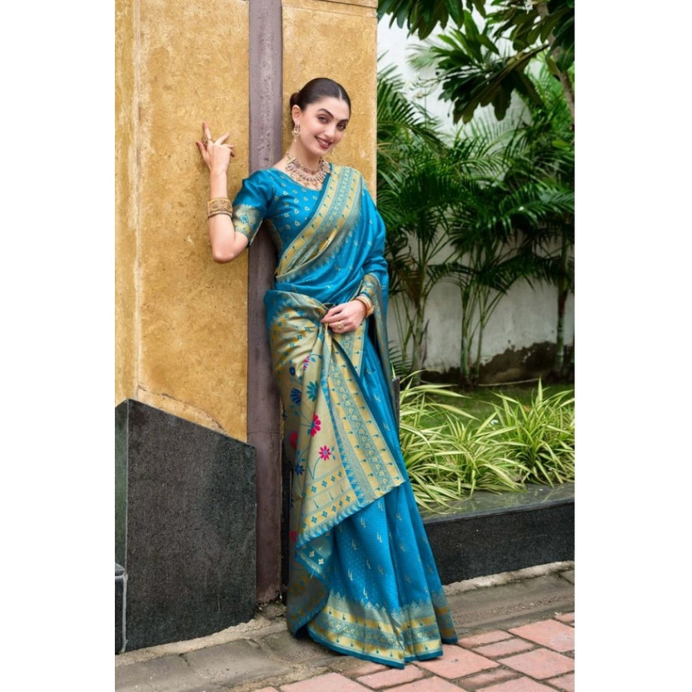 Women's Silk Blend Paithani Weaving Saree With Unstitched Blouse 5.5Mtr (Aqua)