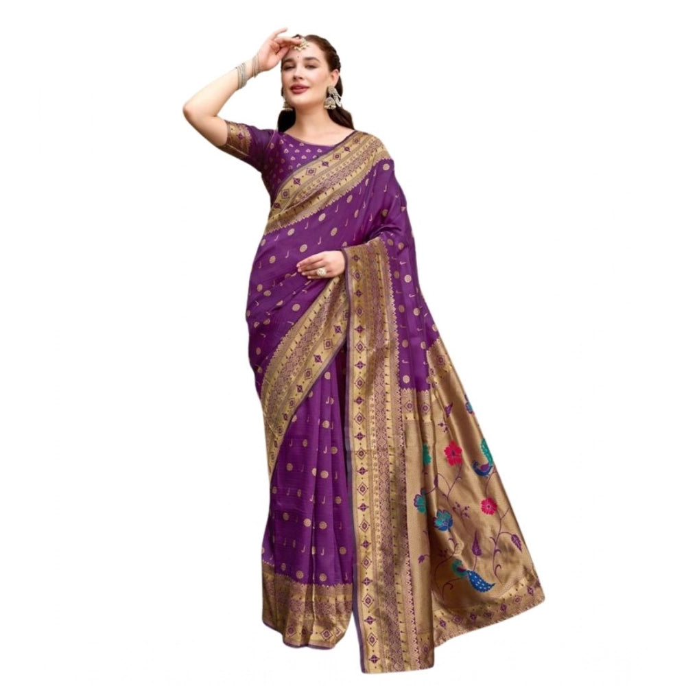 Women's Silk Blend Paithani Weaving Saree With Unstitched Blouse 5.5Mtr (Purple)
