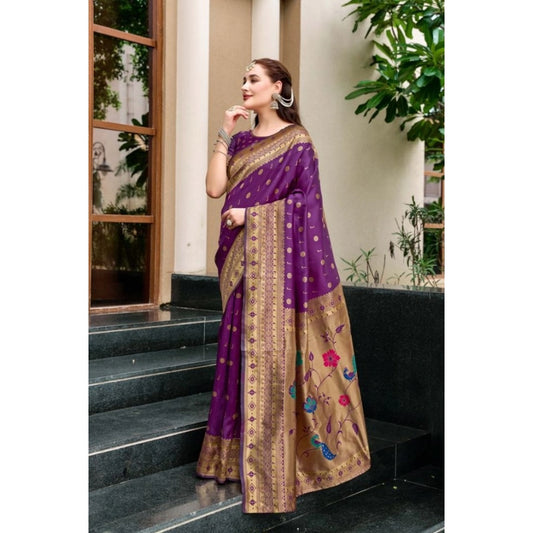 Women's Silk Blend Paithani Weaving Saree With Unstitched Blouse 5.5Mtr (Purple)