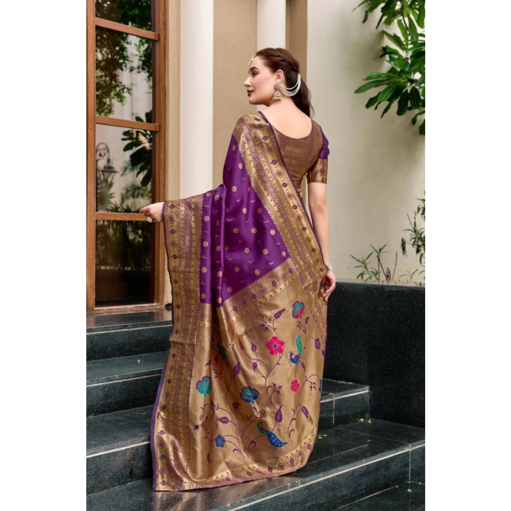 Women's Silk Blend Paithani Weaving Saree With Unstitched Blouse 5.5Mtr (Purple)