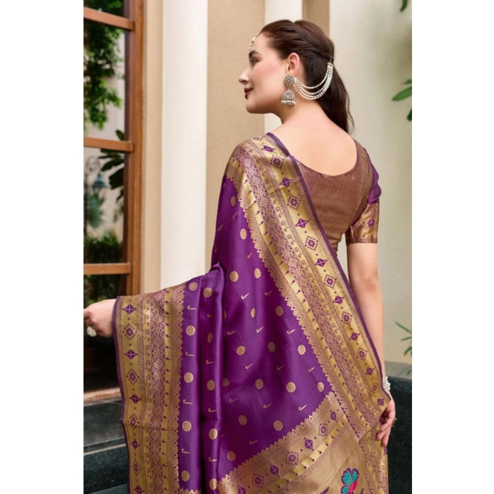 Women's Silk Blend Paithani Weaving Saree With Unstitched Blouse 5.5Mtr (Purple)