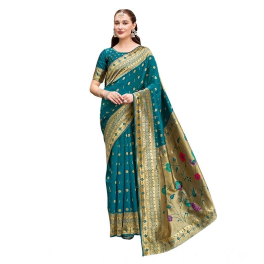 Women's Silk Blend Paithani Weaving Saree With Unstitched Blouse 5.5Mtr (Rama)