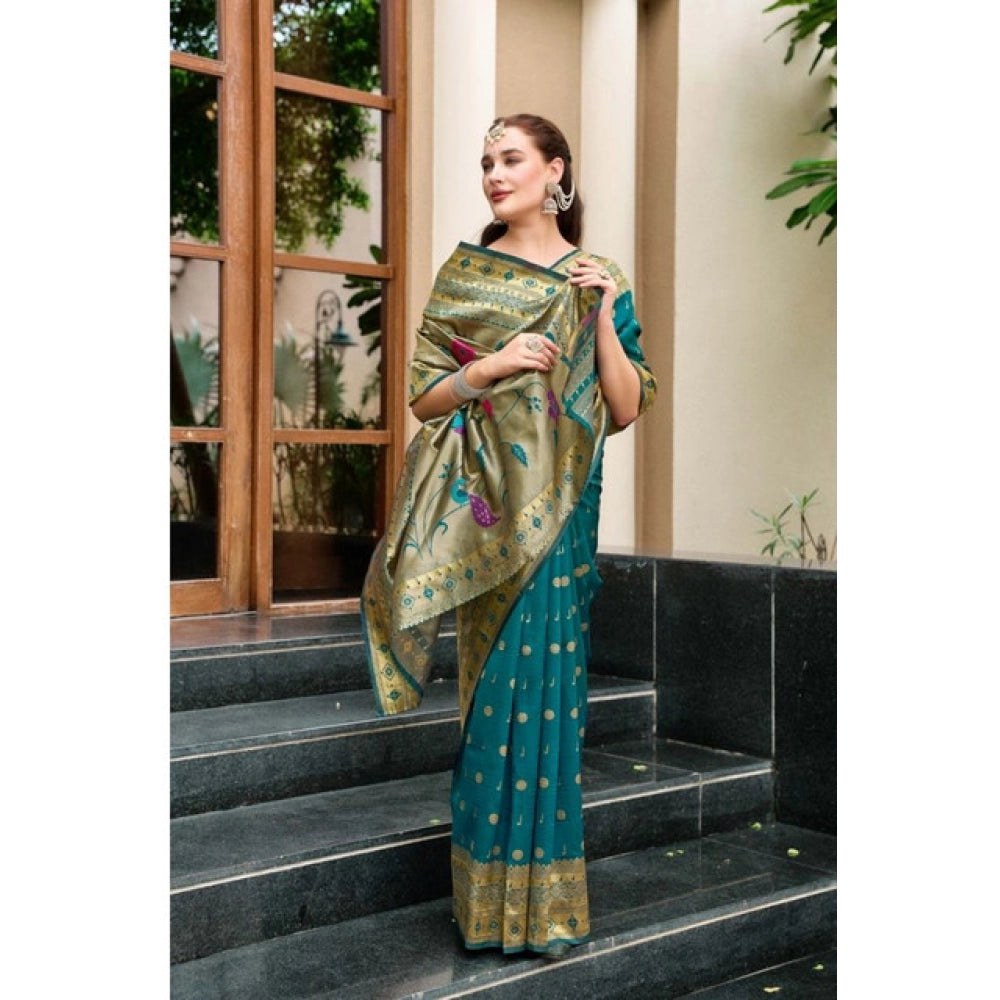 Women's Silk Blend Paithani Weaving Saree With Unstitched Blouse 5.5Mtr (Rama)