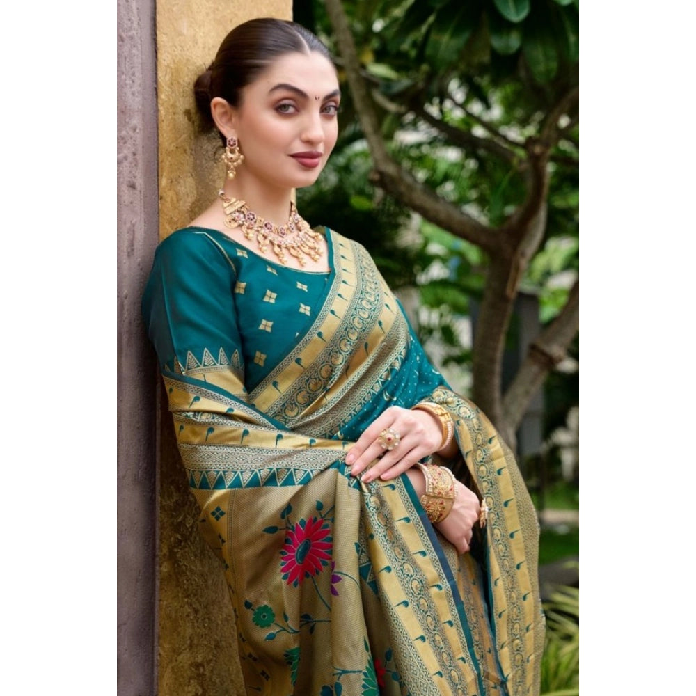 Women's Silk Blend Paithani Weaving Saree With Unstitched Blouse 5.5Mtr (Teal)