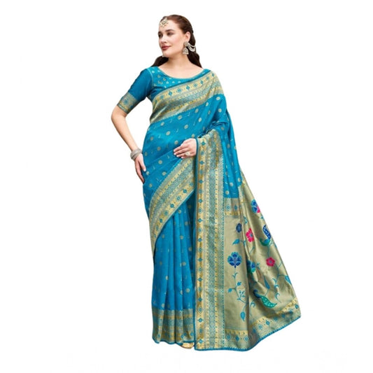 Women's Silk Blend Paithani Weaving Saree With Unstitched Blouse 5.5Mtr (Turquoise)