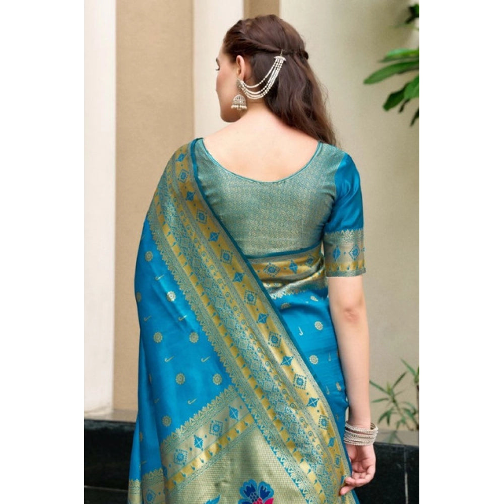 Women's Silk Blend Paithani Weaving Saree With Unstitched Blouse 5.5Mtr (Turquoise)