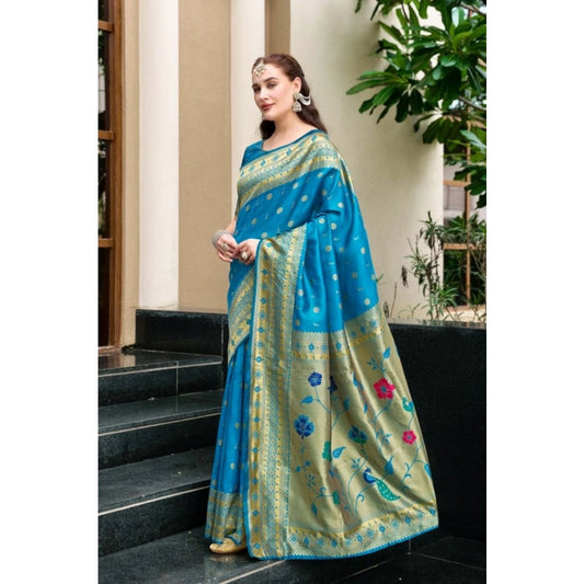 Women's Silk Blend Paithani Weaving Saree With Unstitched Blouse 5.5Mtr (Turquoise)
