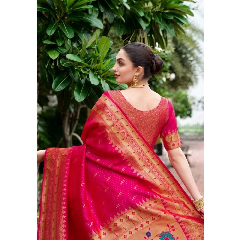 Women's Silk Blend Zari Woven Saree With Unstitched Blouse 5.5Mtr (Pink)