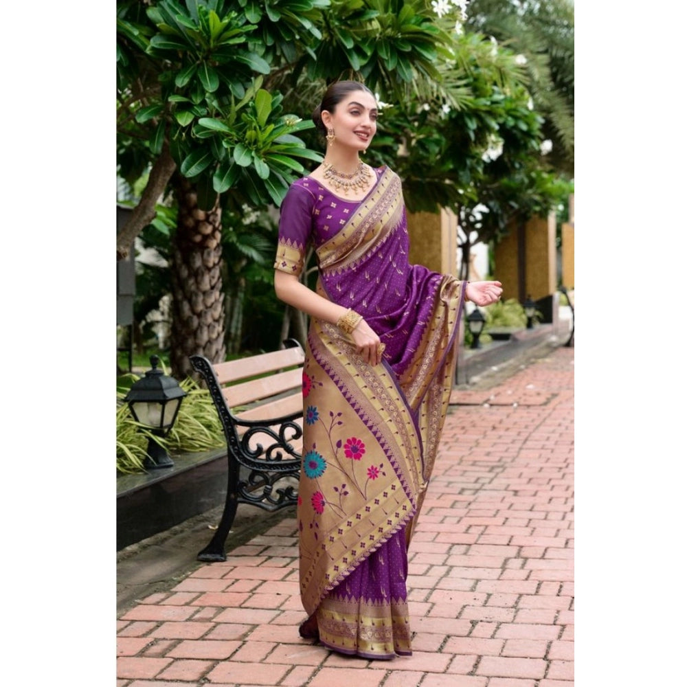 Women's Silk Blend Zari Woven Saree With Unstitched Blouse 5.5Mtr (Purple)